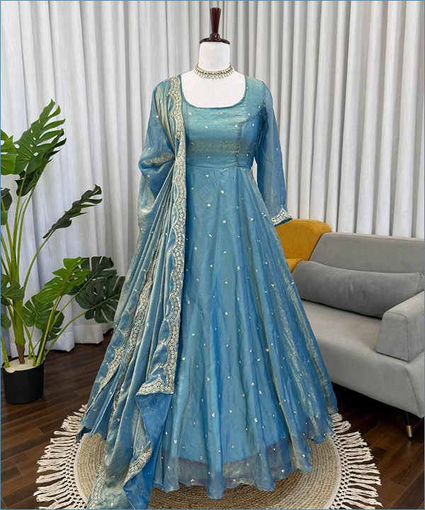 Premium Fendy Silk Anarkali Gown with Plazo & Dupatta Set-if