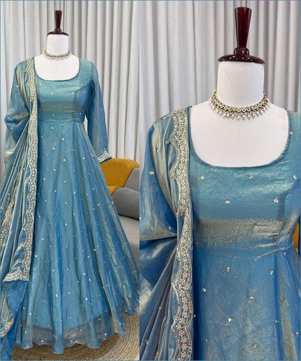 Premium Fendy Silk Anarkali Gown with Plazo & Dupatta Set