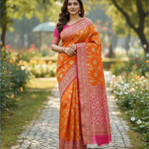 Ravika Soft Lichi Silk Saree with Rich Pallu orange Colour-2